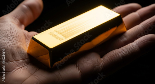 Close-up of a hand holding shiny gold bar