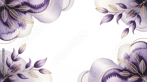 Luxury dark purple watercolor flower background with gold leaves , Elegant high-contrast violet floral border vector template