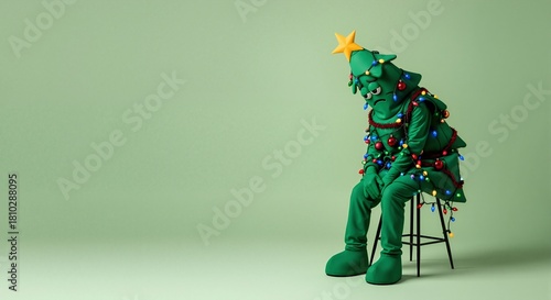 Unhappy character in a Christmas tree costume feeling sad and lonely. Holiday depression and post-celebration burnout. Mental health concept with copy space.