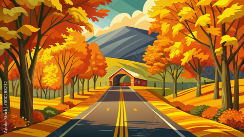 Very beautiful rural Vermont road near Groton, lined with trees glowing in vibrant yellow autumn leaves, forming a warm seasonal tunnel of color in a peaceful countryside setting.