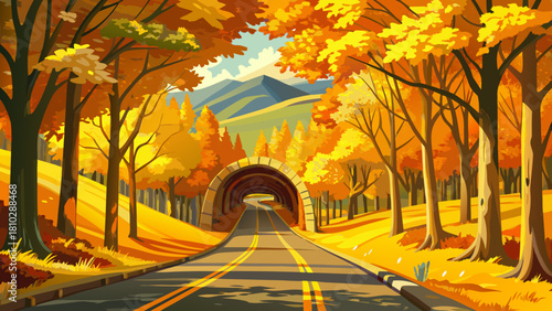 Very beautiful rural Vermont road near Groton, lined with trees glowing in vibrant yellow autumn leaves, forming a warm seasonal tunnel of color in a peaceful countryside setting.