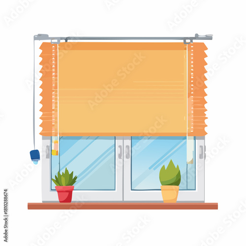 Window with blinds and potted plants illustration.