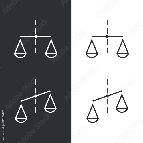 Set of scales icons. Symbol of justice, balance and weight. Attribute of a lawyer, store or Themis.