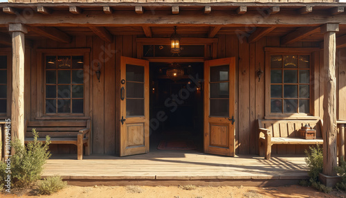 Saloon entrance in old western town has wooden porch. Swinging doors are open and benches stand near windows. Classic retro style building is rustic, traditional.