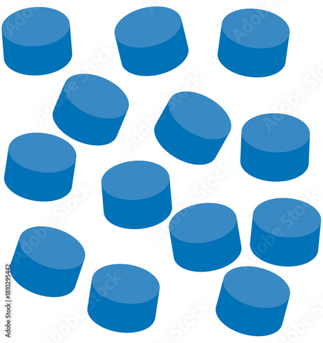 Abstract pattern of scattered blue cylinders on a white background