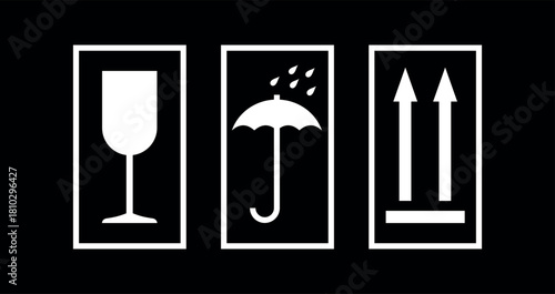 Set of signs: Arrows up (top of the product). Glass (be careful, fragile goods). Umbrella with drops (keep away from moisture). Isolated vector icon for packaging. Box labeling.