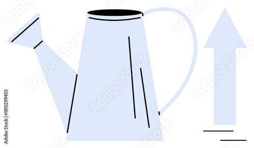 Watering can with handle and spout beside upward arrow representing growth, innovation, and success. Ideal for business, education, motivation, sustainability, nurturing, personal growth simple flat