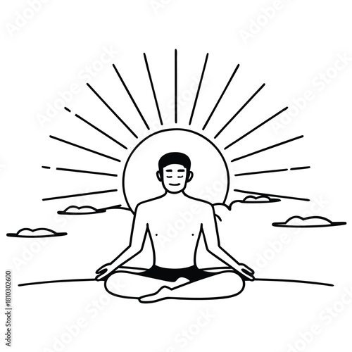 Person meditating with sun and clouds