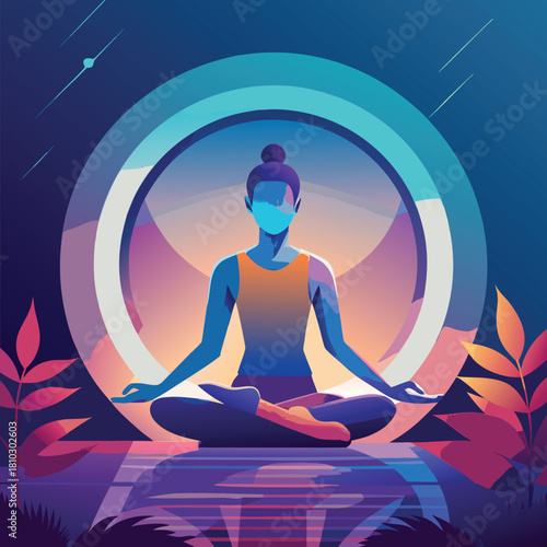 Woman meditating in a colorful and serene environment with plants and a portal