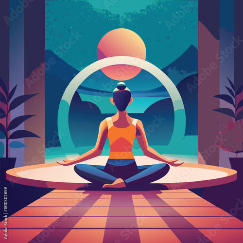 A woman in a yoga pose meditating on a platform with a mountain and moon background scene