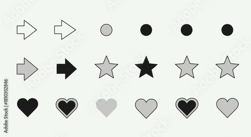 Geometric shapes arrangement featuring arrows, circles, stars, and hearts in varying shades