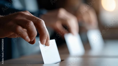 Man hand inserting ballot paper into poll box. Voting day process election democracy concept.