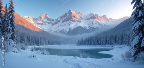 Fototapeta Naklejka Na Ścianę i Meble -  Frozen lake at scenic winter. Mountains are covered by snow. Spruce trees covered with snow. Calm winter landscape. Vacation and holidays in nature. Peace and quiet nature scene. Winter season.