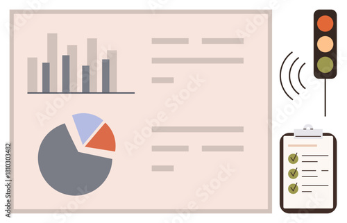 Bar graph and pie chart on main panel for data analysis, checklist for task tracking, traffic light for alerts. Ideal for business, analytics, performance, planning, strategy, goals simple flat