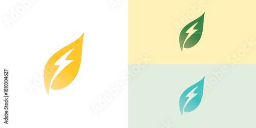 Green energy logo concept featuring leaves and lightning bolts showcasing renewable power and sustainable technology, vibrant and minimalist design for eco-friendly brands