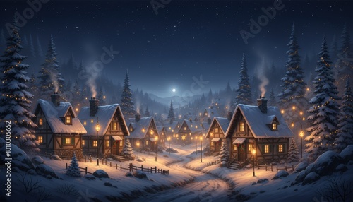 Snowy village under moonlight with cozy cottages decorated with Christmas lights creating festive winter holiday atmosphere in peaceful mountain landscape