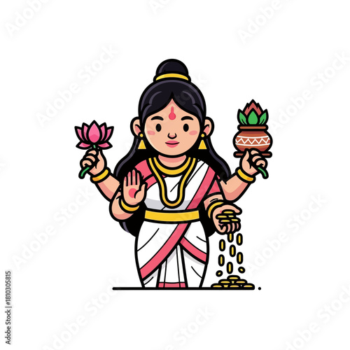 Cute cartoon illustration of Lakshmi, the Hindu goddess of wealth, prosperity, and fortune, holding a lotus, a kalash, and pouring gold coins.