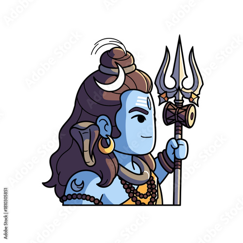 A cute cartoon illustration of Lord Shiva with blue skin, a trident, and a crescent moon in his hair.