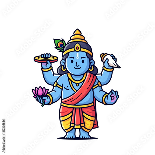 A cute cartoon illustration of Lord Vishnu with four arms, holding his traditional attributes like chakra, conch, and lotus, depicted in a simple, friendly style.