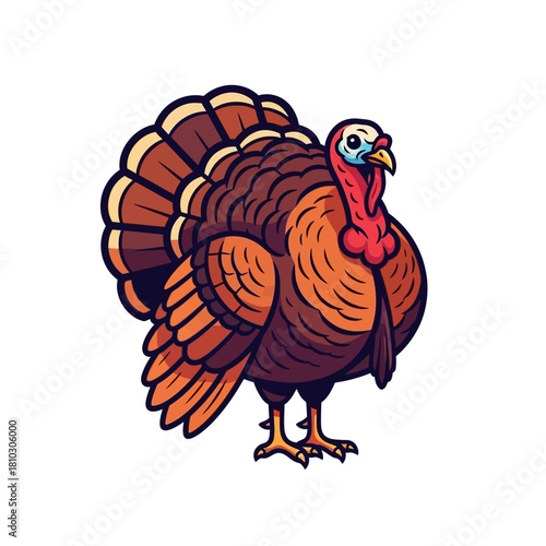 A colorful cartoon illustration of a male turkey with fanned tail feathers, featuring brown, orange, and red plumage, a red wattle, and a blue head.