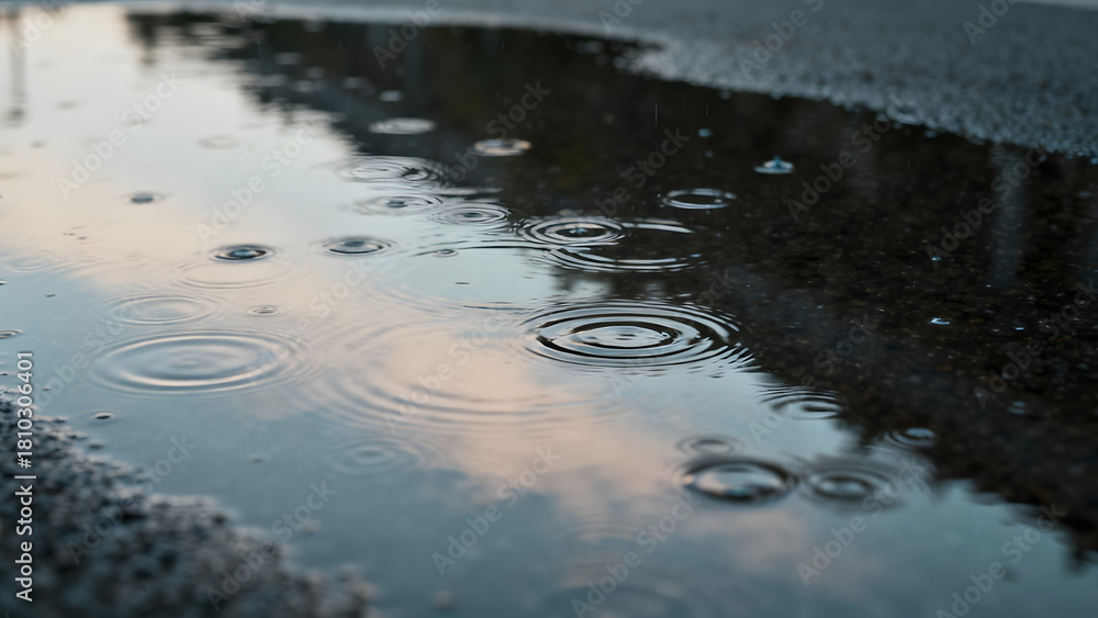 Fototapeta premium Raindrops on a Puddle at Dusk