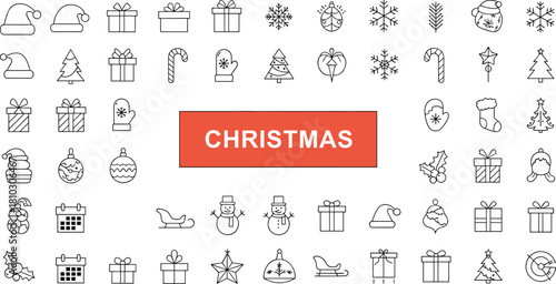 Christmas icon collection with gifts, snowflakes, trees, ornaments, hats, stockings, mittens, holiday elements, perfect for festive illustration and seasonal design projects