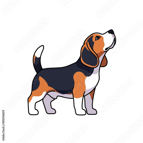 A charming cartoon illustration of a beagle dog standing and looking up, featuring its distinctive black, tan, and white coat.