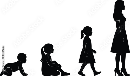 Female life evolution silhouette from baby to woman, growing stages illustration perfect for education, childhood development, family concept and vector design projects