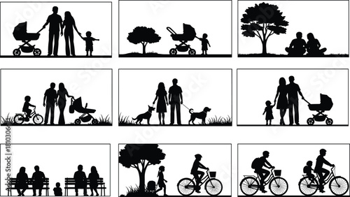 Family outdoor silhouette collection with parents, children, stroller, dog walking, cycling, nature scenes, perfect for lifestyle illustration and creative design projects