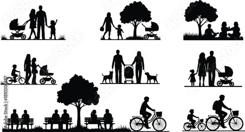 Family outdoor silhouette collection with walking, stroller, cycling, park scenes, parents and children moments, perfect for lifestyle illustration and creative design projects