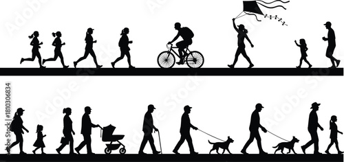 Outdoor activity silhouette collection showing running, walking, cycling, kite flying, family moments, perfect for lifestyle illustration, creative design, vector projects