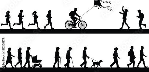 Outdoor silhouette collection showing running, walking, cycling, kite flying, family activity scenes, perfect for lifestyle illustration, fitness design, creative vector projects