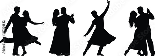 Romantic couple dance silhouettes performing elegant ballroom, waltz and classical movements in artistic pose collection for love, celebration and performance design