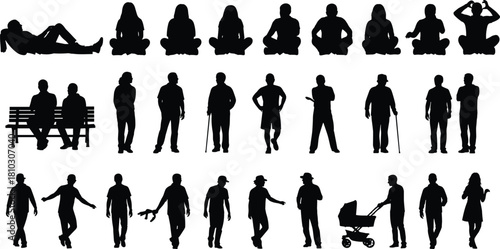 Silhouette collection of people walking, standing, sitting, posing, casual lifestyle figures in various positions, perfect for creative design and illustration projects