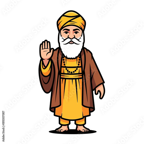 A cartoon illustration of Guru Nanak Dev Ji, the founder of Sikhism, in traditional attire, raising his hand.