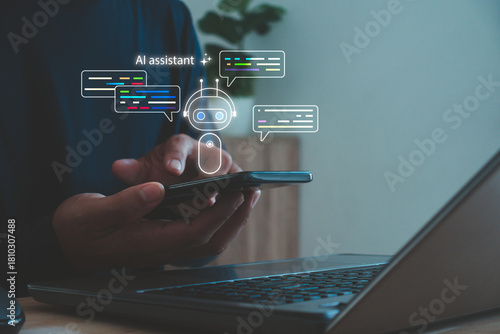 Fotografija AI assistant interaction, Virtual assistant apps, smart support systems, machine learning, digital communication concept