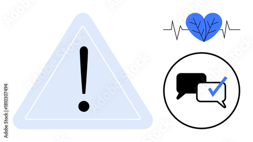 Exclamation mark in triangle indicates caution, speech bubbles with check imply verified communication, and heart with ECG lines reflects health focus. Ideal for safety, alert, healthcare