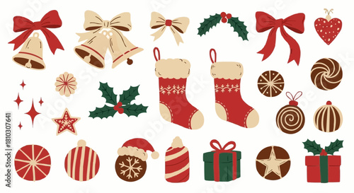 Illustration with christmas bells, stockings, ornaments, gifts, and holly on a white background