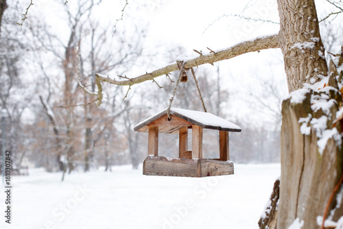 Wallpaper Mural Wooden Bird Feeder Hanging on Snowy Tree Branch in Winter Park Torontodigital.ca