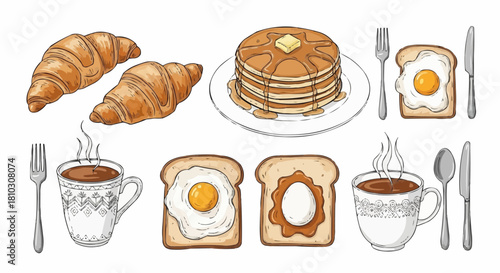 Illustration of breakfast food including croissants pancakes toast eggs and coffee cups set on a white background