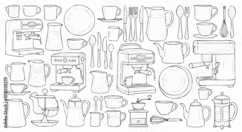 Illustration showcasing a variety of kitchenware including coffee makers teapots and cutlery items arrayed neatly