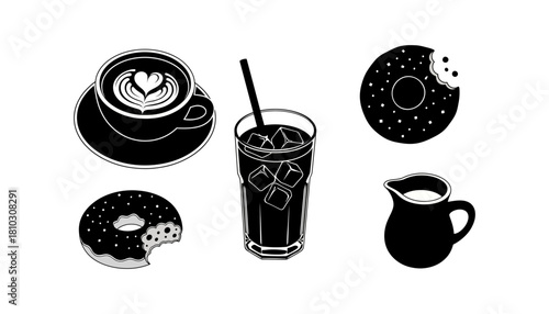 Coffee and Donuts - A Black and White Vector Illustration.