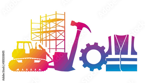 Construction Site Elements - Bulldozer, Scaffolding, Hammer, Gear, and Safety Vest.