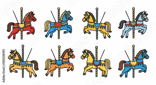 Illustration of a carousel featuring eight colorful horses attached to poles in a repeating pattern design