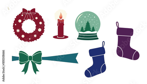 Festive Christmas Decorations - Wreath, Candle, Snow Globe, Stockings, and Bow.