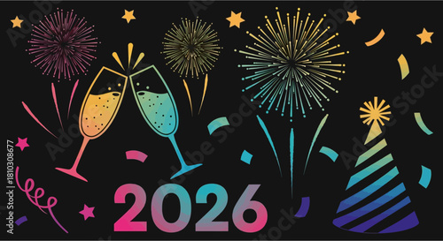 Festive 2026 New Year Celebration with Champagne and Fireworks.