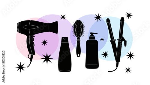 Hair Styling Tools Silhouette Collection - Dryer, Brush, Shampoo, and Curling Iron.