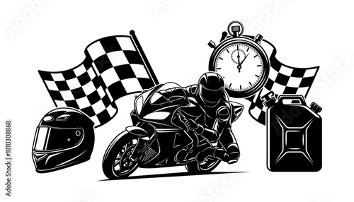 Monochrome Racing Illustration - Motorbike, Helmet, Flags, Stopwatch, and Fuel Can.