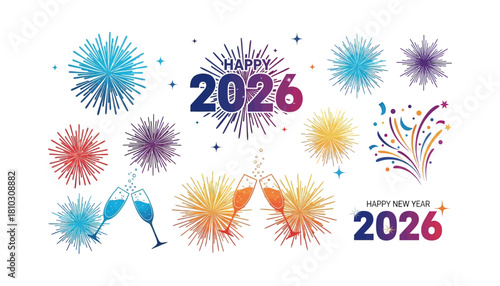 Happy New Year 2026 Celebration with Fireworks and Champagne.
