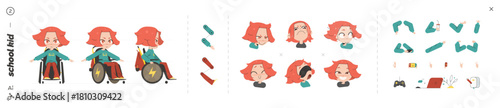 Handicapped Gamer Girl Character Animation Kit with Wheelchair, Interchangeable Arm Parts, Six Emotions, Front and Side Views, Cute School Cartoon Vector Set for Study and Creative Projects